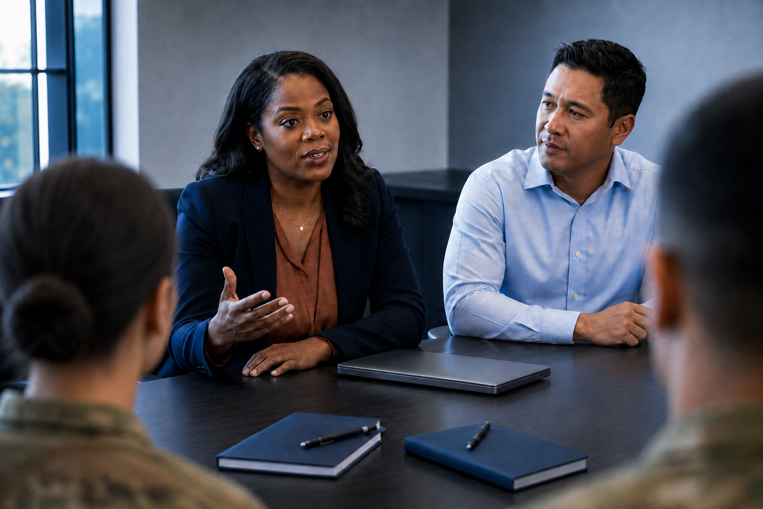 Two advisors briefing uniformed personnel across a conference table